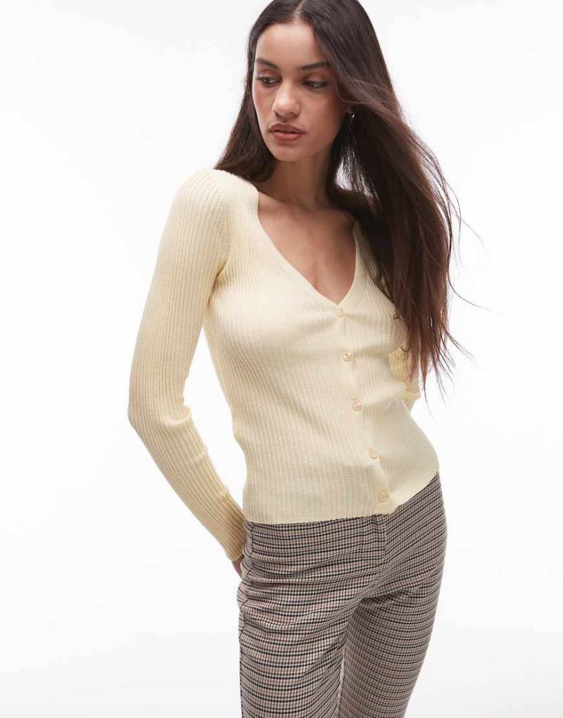 Mango - Fein gerippte Strickjacke aus Leinenmix in Blassgelb von Mango