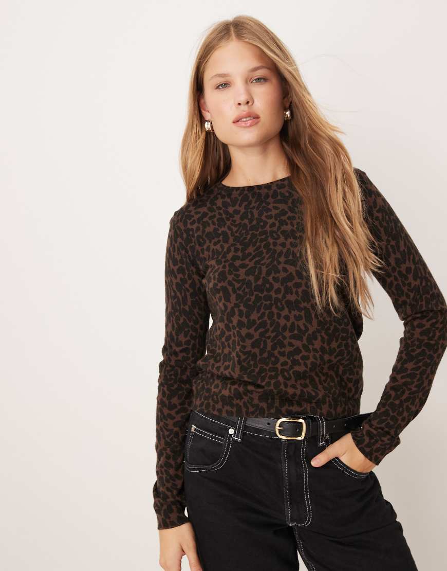 Mango - Feinstrick-Oberteil in Dunkelbraun mit Leopardenmuster-Brown von Mango