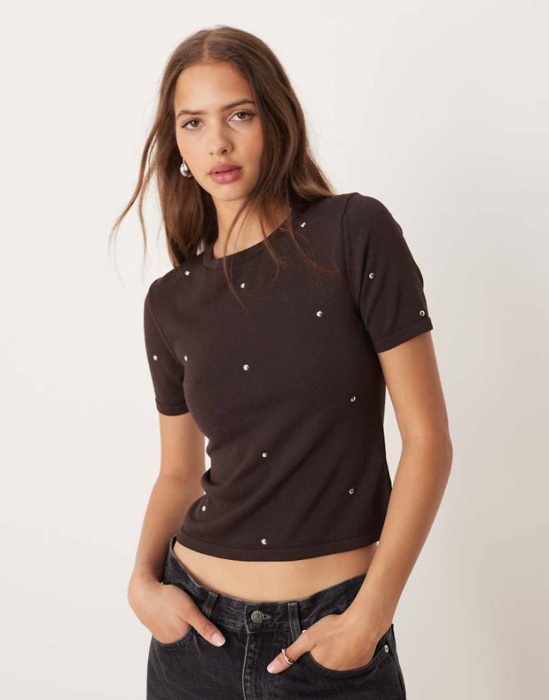 Mango - Feinstrick-T-Shirt in Braun mit Nieten-Brown von Mango