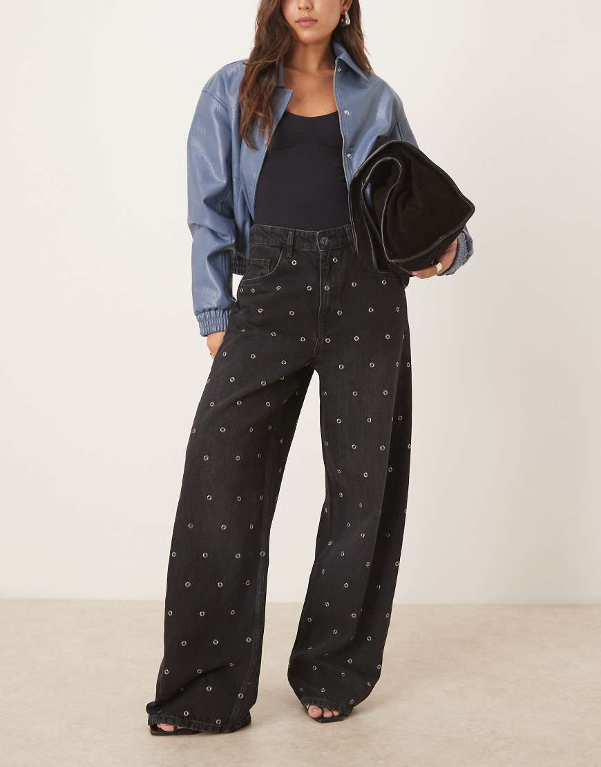 Mango - Gerade geschnittene Jeans in verwaschenem Schwarz mit Ösen von Mango