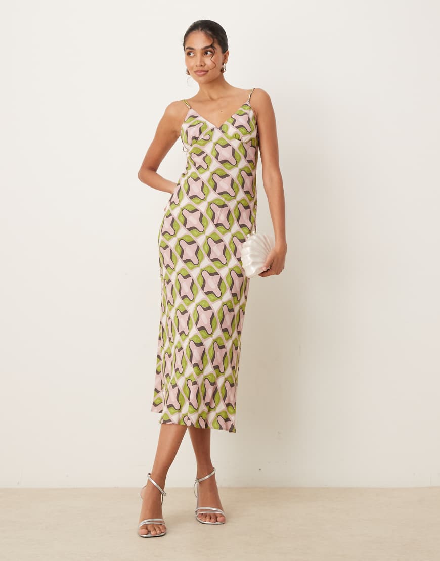 Mango - Gerade geschnittenes Maxikleid mit geometrischem Retro-Print in Pastellrosa und V-Ausschnitt Mango - Gerade geschnittenes Maxikleid mit geometrischem Retro-Print in Pastellrosa und V-Ausschnitt von Mango
