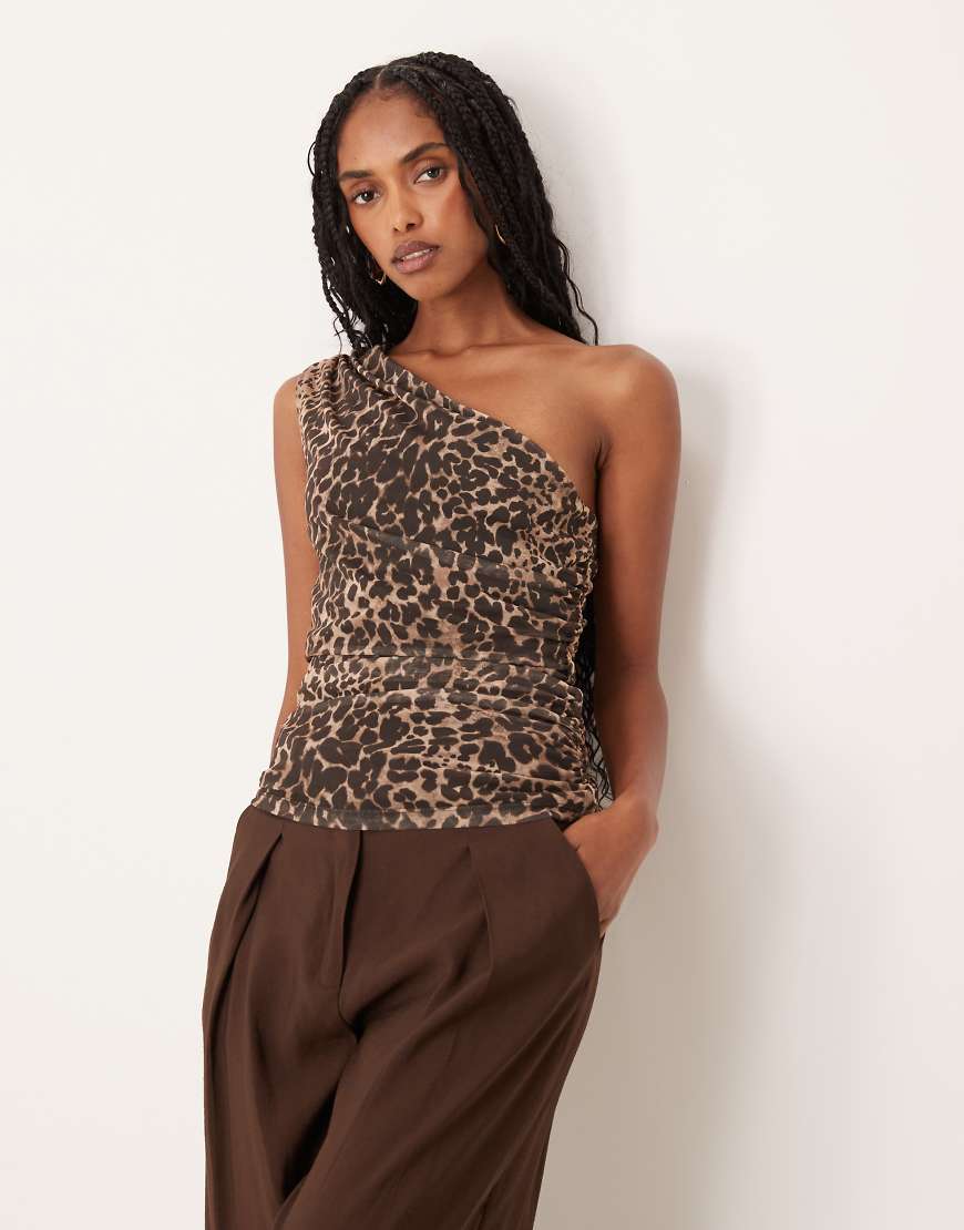 Mango - Gerafftes Oberteil in Braun mit One-Shoulder-Träger und Leopardenmuster-Brown von Mango