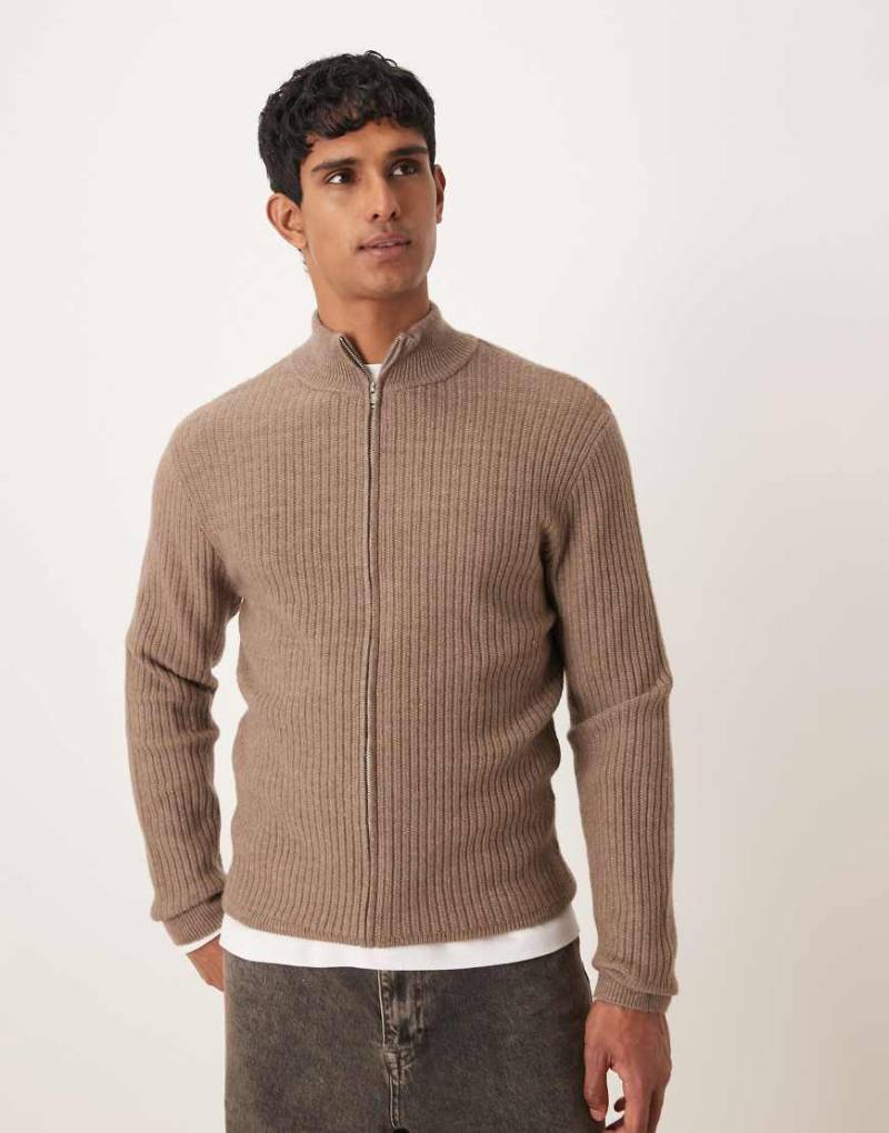 Mango - Gerippte Strickjacke aus Wollmix in Camel-Neutral von Mango