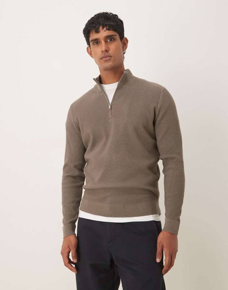 Mango - Gerippter Baumwollmix-Pullover in Marineblau mit kurzem Reißverschluss-Grau von Mango