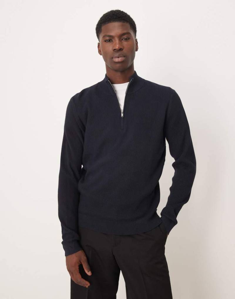 Mango - Gerippter Baumwollmix-Pullover in Marineblau mit kurzem Reißverschluss von Mango