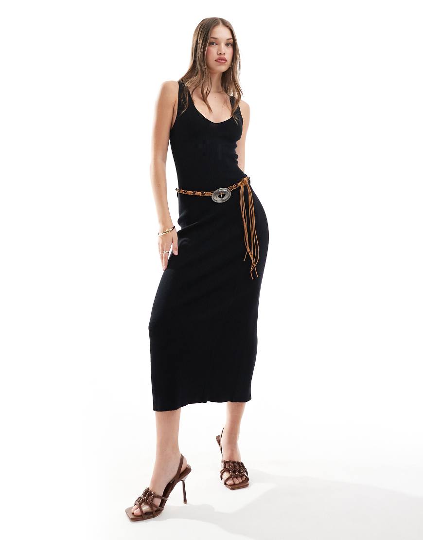 Mango - Geripptes Midi-Strickkleid in Schwarz von Mango