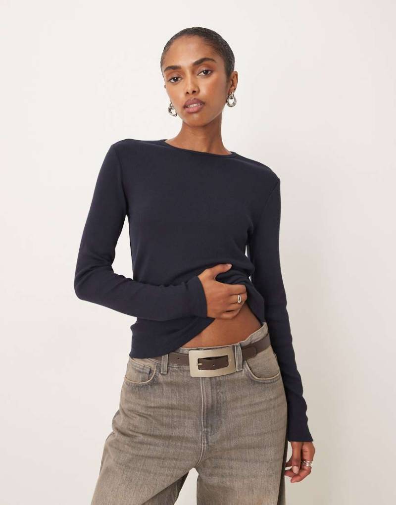 Mango - Geripptes langärmliges Shirt in Marineblau von Mango