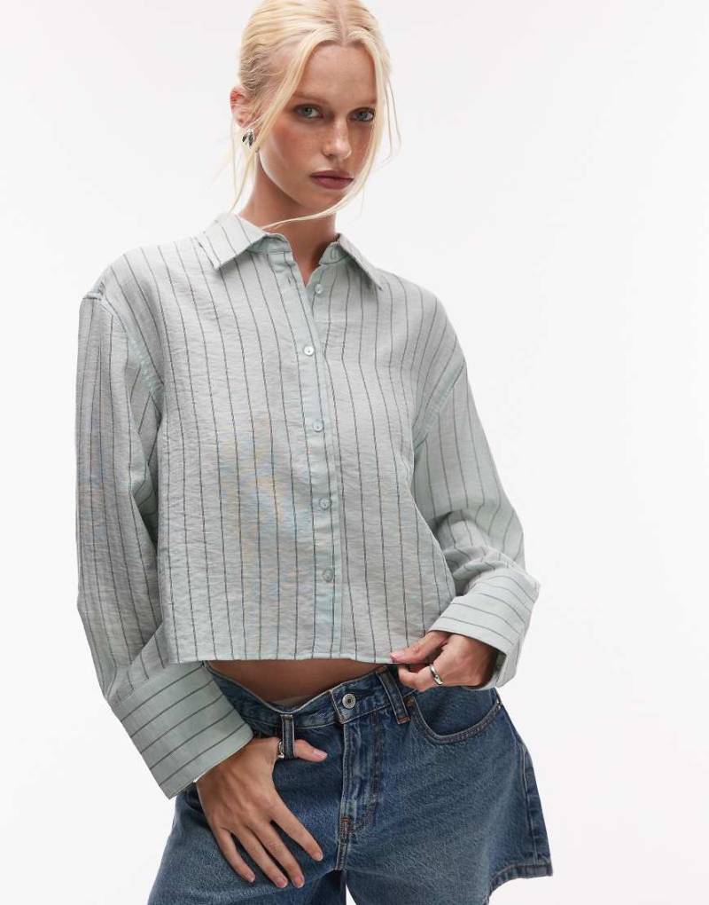 Mango - Gestreifte Cropped-Hemdbluse in Blassgrün von Mango