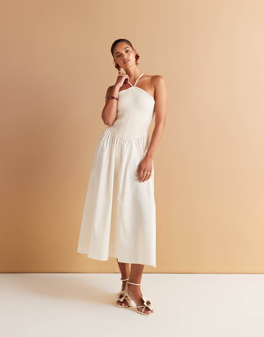 Mango - Gewebtes Neckholder-Miederkleid in Ecru mit voluminösem A-Linien-Rock-Neutral von Mango
