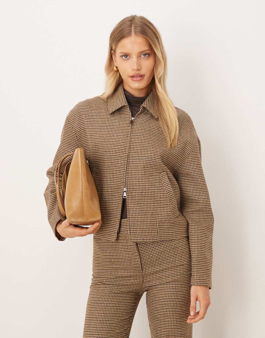 Mango - Gina - Karierte Jacke aus Wollmix in kariertem Braun mit durchgehendem Reißverschluss, Kombiteil-Brown von Mango