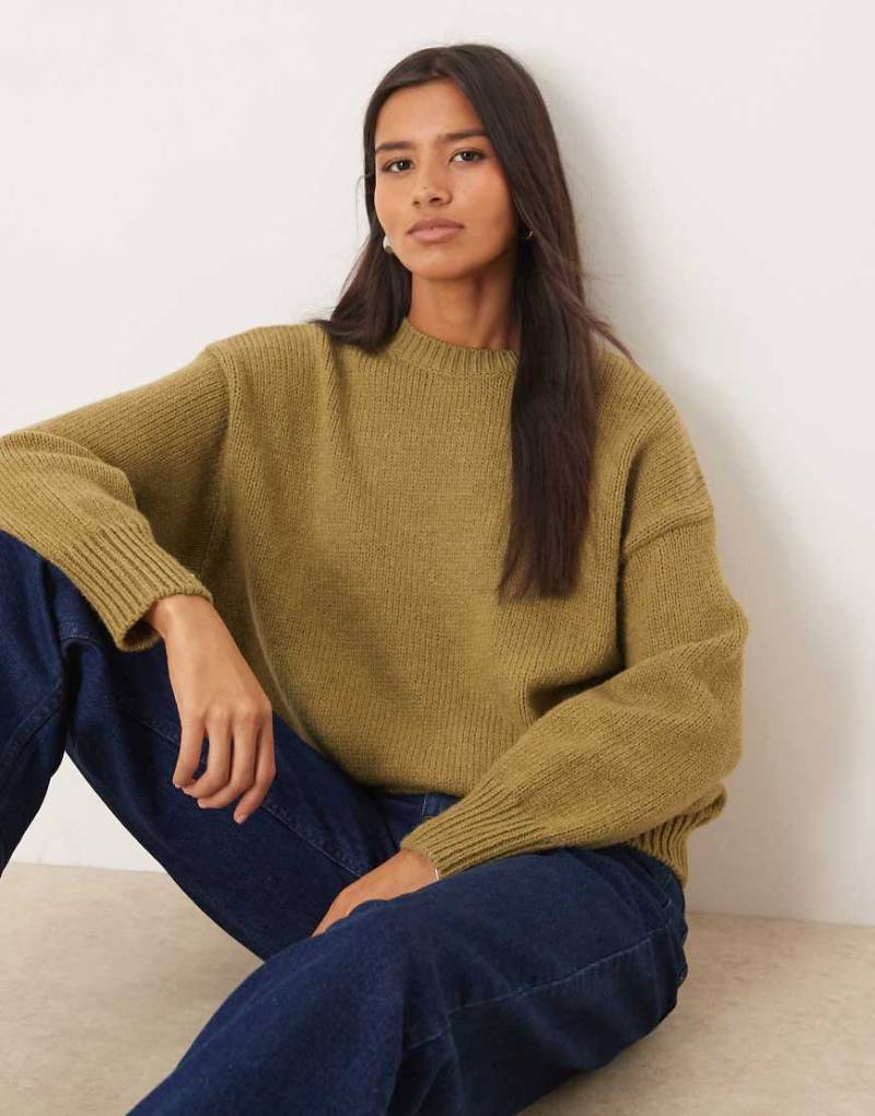 Mango - Grobstrickpullover in Moosgrün mit Rundhalsausschnitt von Mango