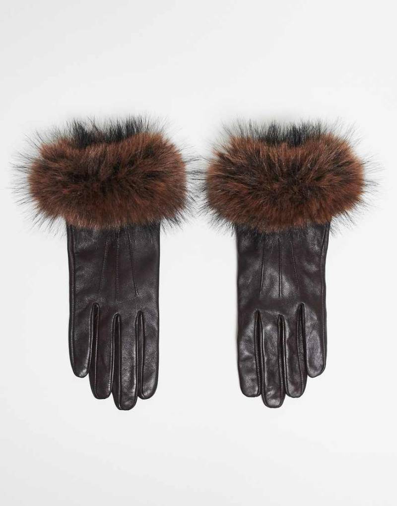 Mango - Handschuhe aus 100% Leder in Dunkelbraun mit Kunstpelzbesatz-Brown von Mango