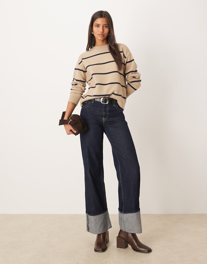 Mango - Hellbraun-schwarz gestreifter Pullover mit Rundhalsausschnitt von Mango