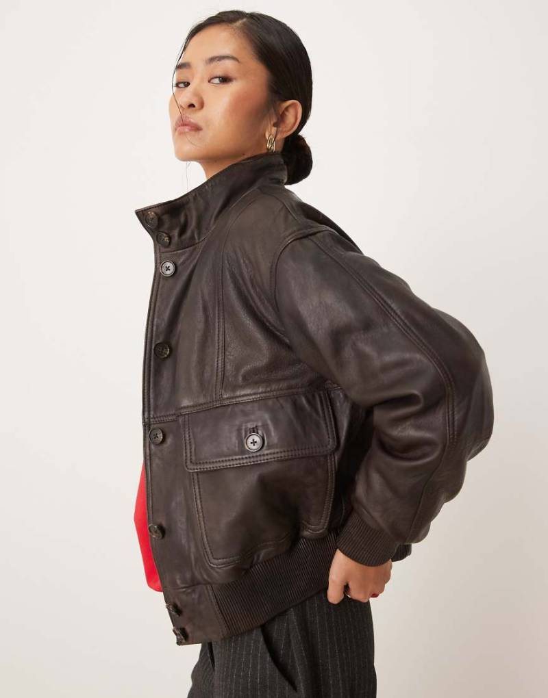 Mango - Hochgeschlossene Jacke aus 100% Leder in Schokobraun-Brown von Mango