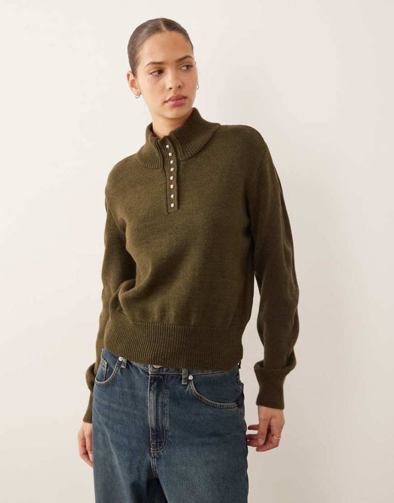 Mango - Hochgeschlossener Pullover in Khaki mit Knöpfen-Grün von Mango