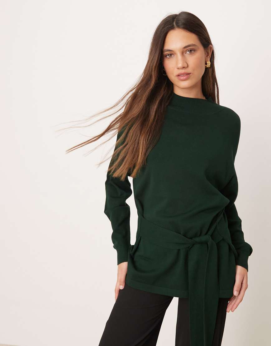 Mango - Hochgeschlossener Strickpullover in Khaki mit Bindeband in der Taille-Grün von Mango