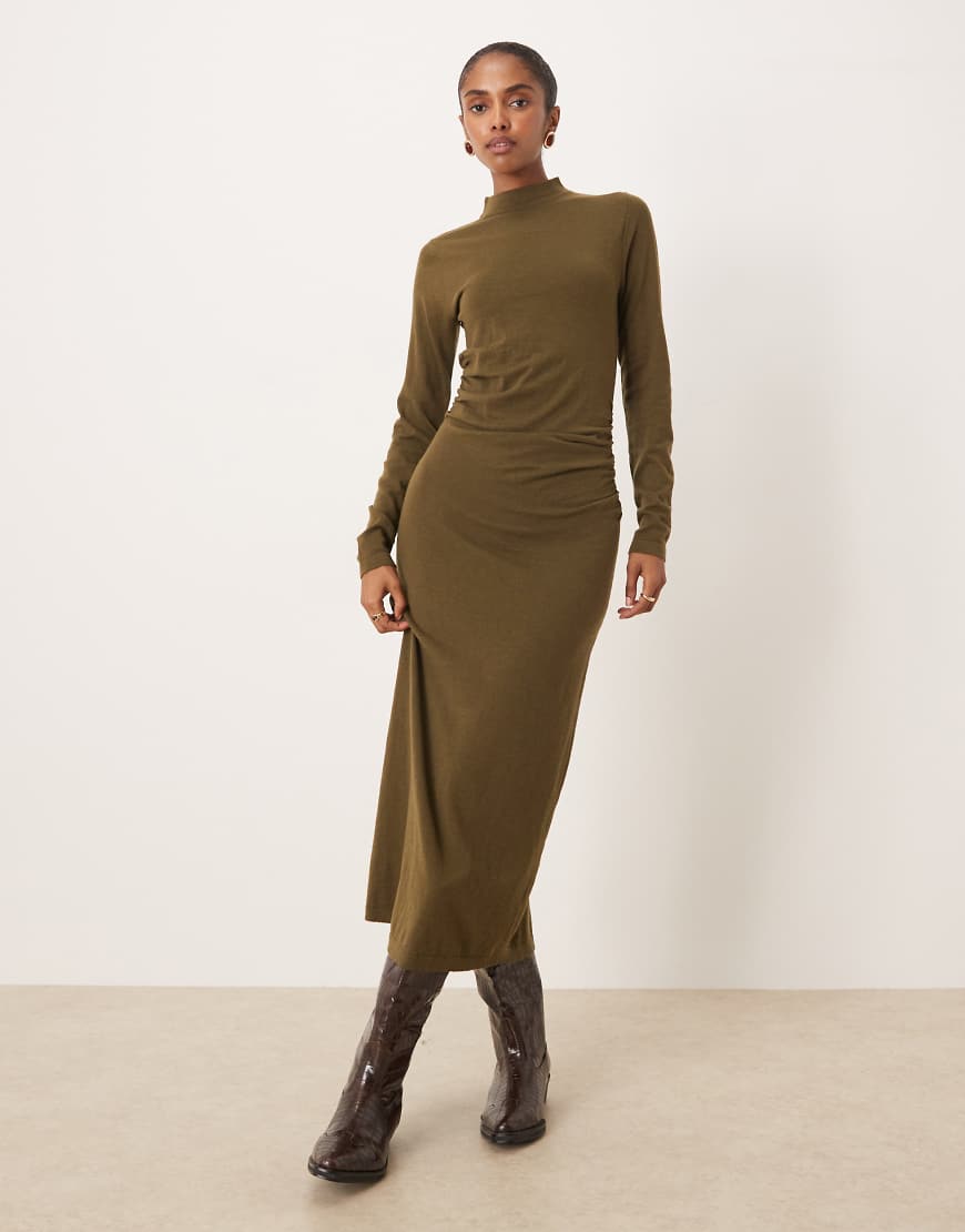Mango - Hochgeschlossenes Maxikleid in Khaki mit geraffter Taille-Grün von Mango