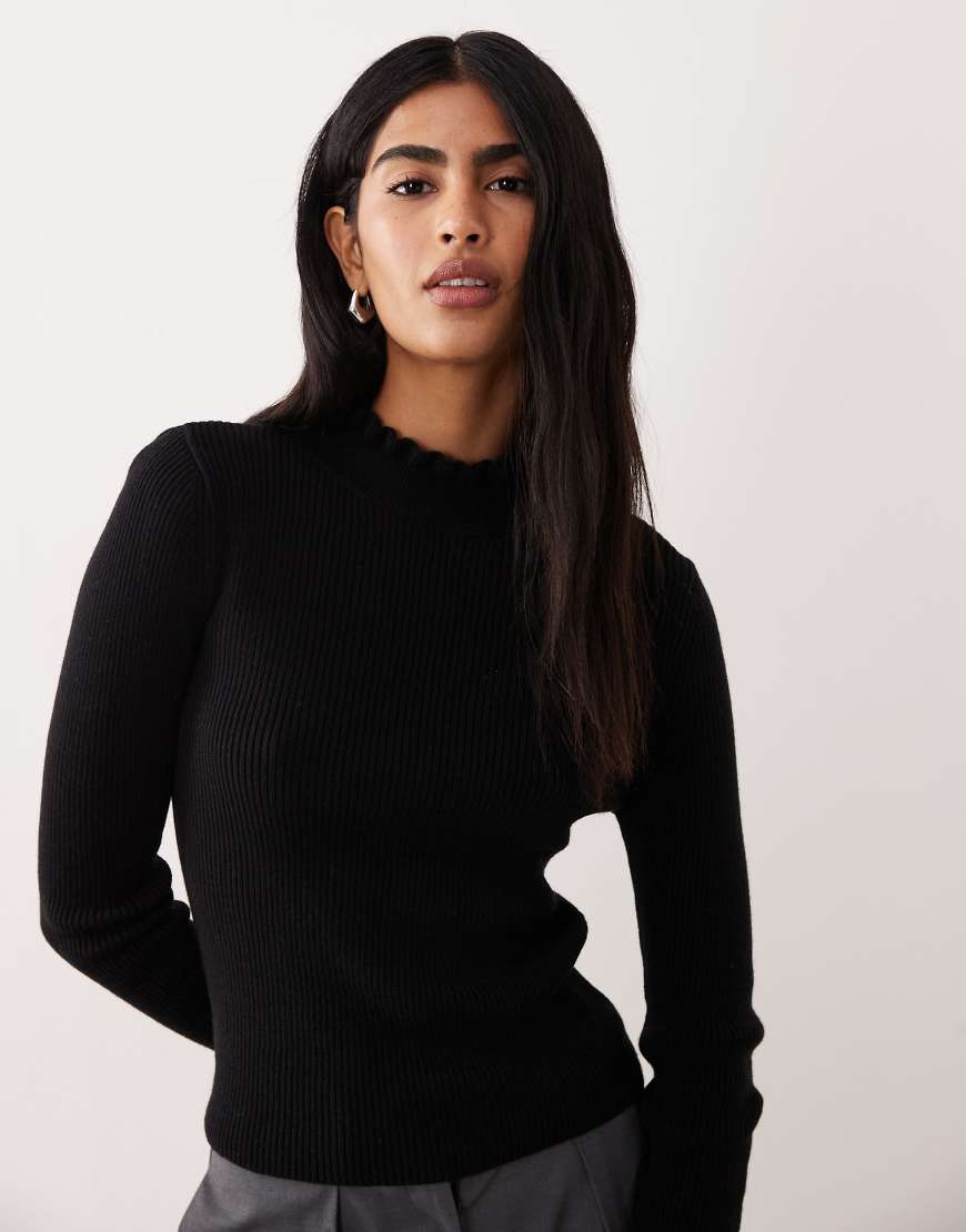 Mango - Hochgeschlossenes Strickoberteil aus Wollmix in Schwarz mit Rüschensaum von Mango