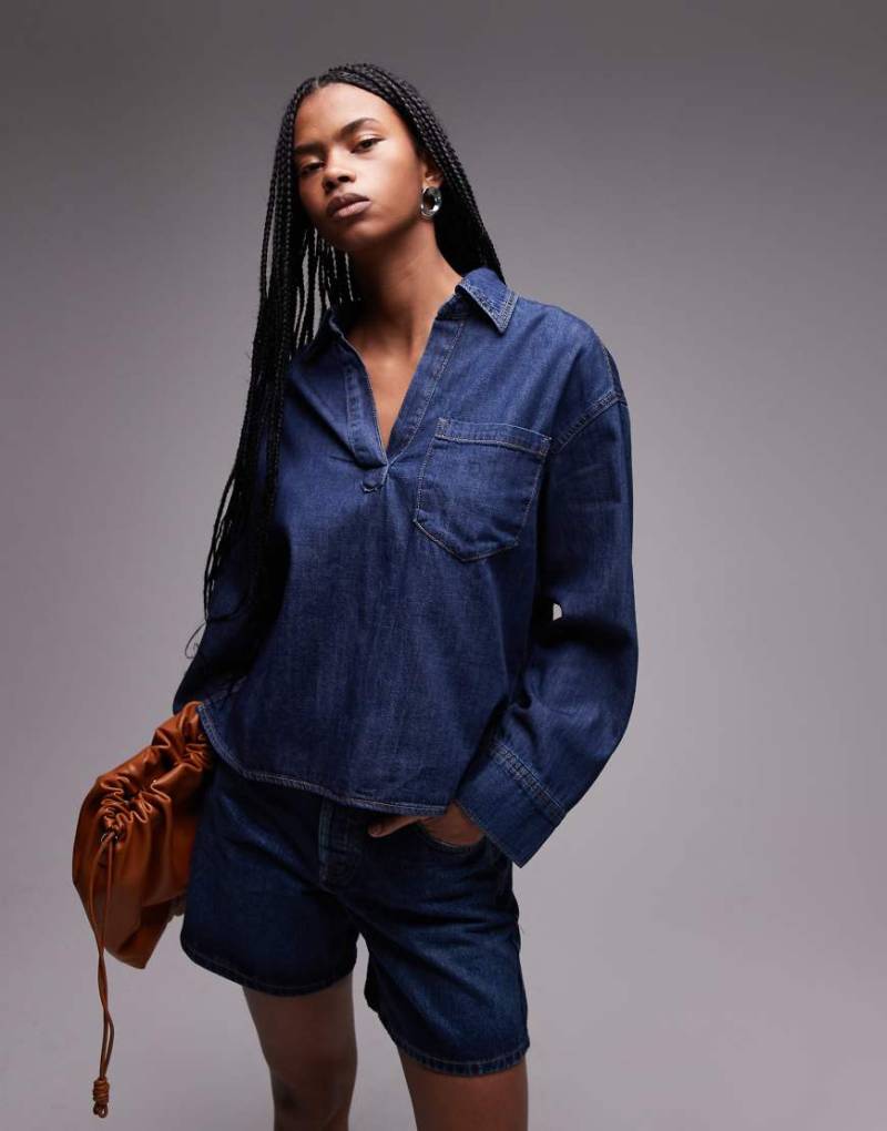 Mango - Jeans-Hemdjacke in Dunkelblau mit offenem Ausschnitt von Mango