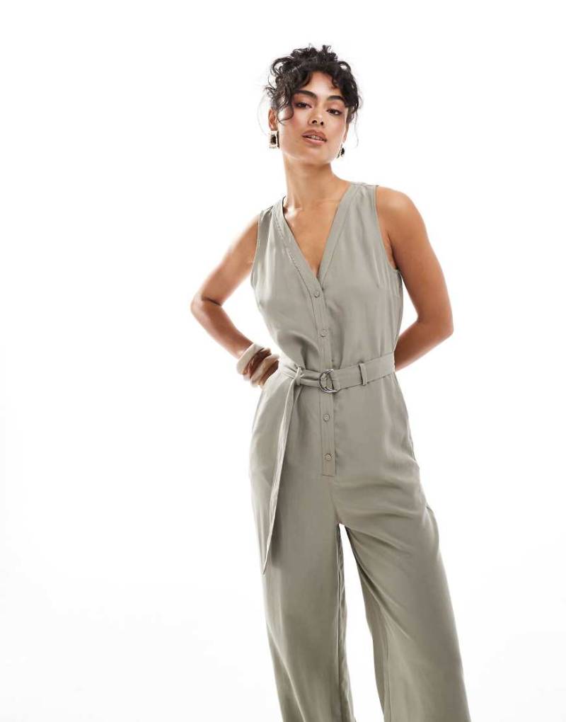 Mango - Jumpsuit aus khaki Leinenmix mit V-Ausschnitt-Grün von Mango
