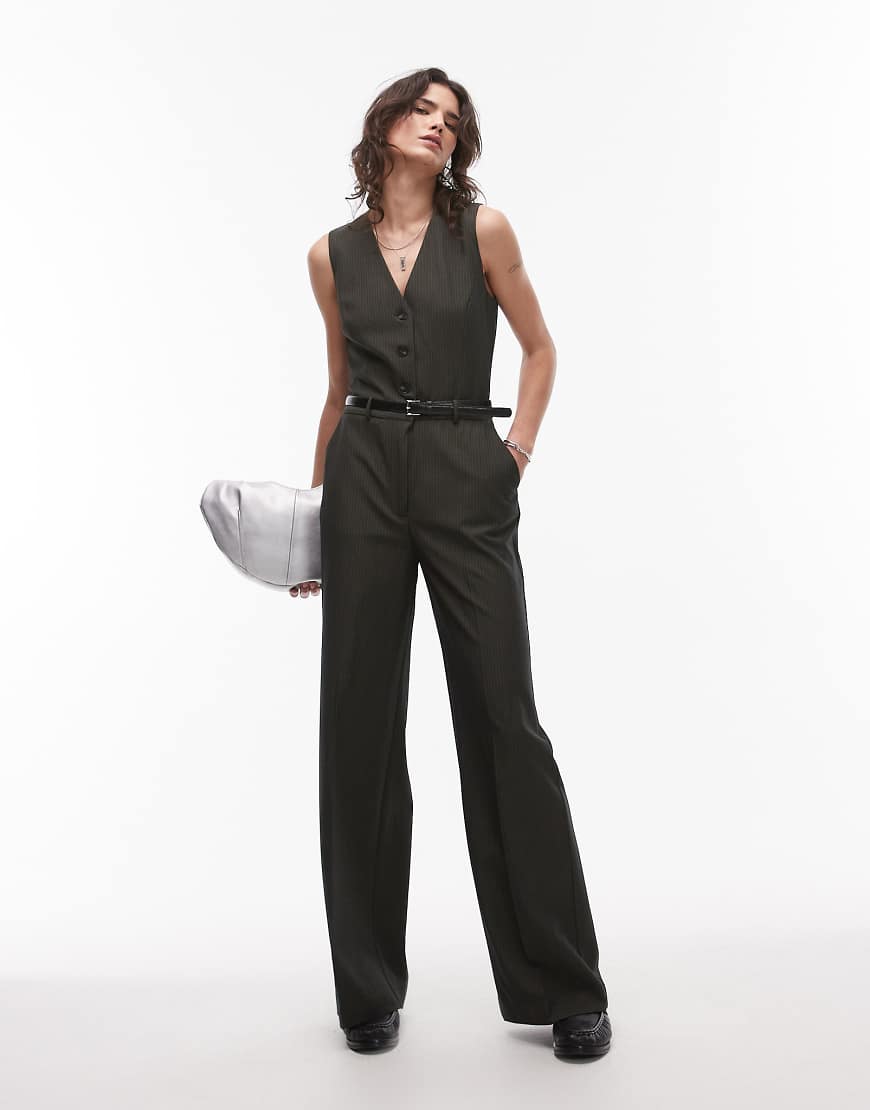 Mango - Jumpsuit im Westen-Design in Dunkelgrün mit Nadelstreifen und Gürtel von Mango