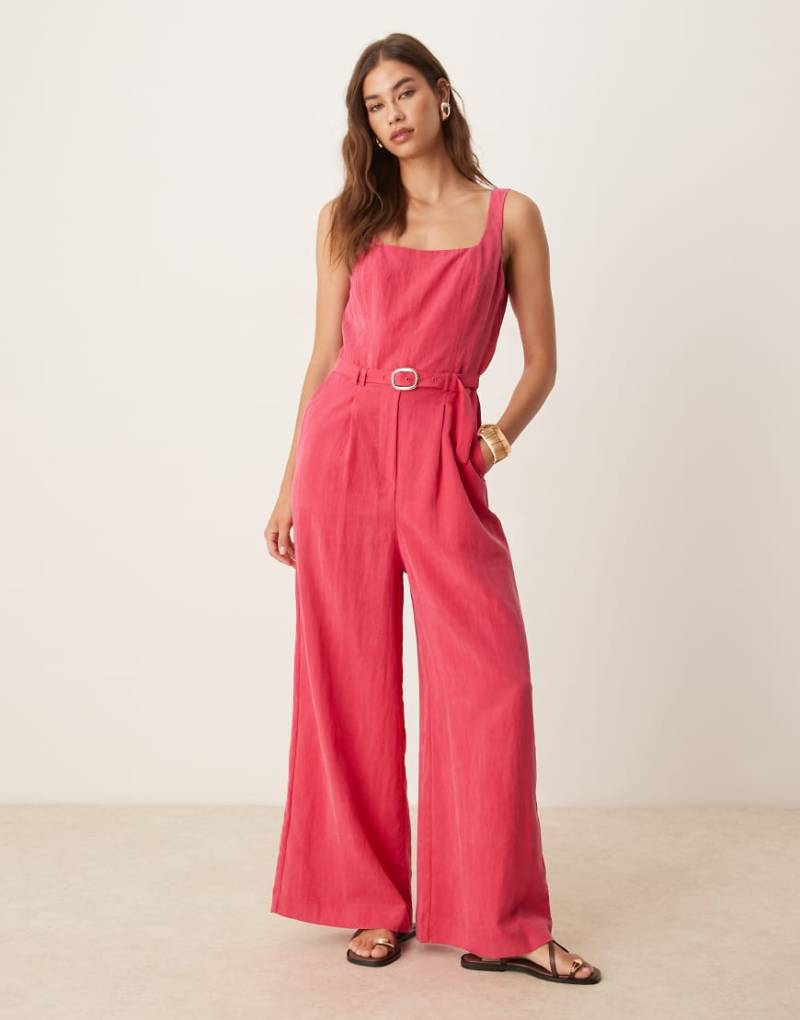 Mango - Jumpsuit in Himbeerrot mit strukturierter Bahn am Oberteil, Falten vorne und Taillengürtel-Rosa von Mango