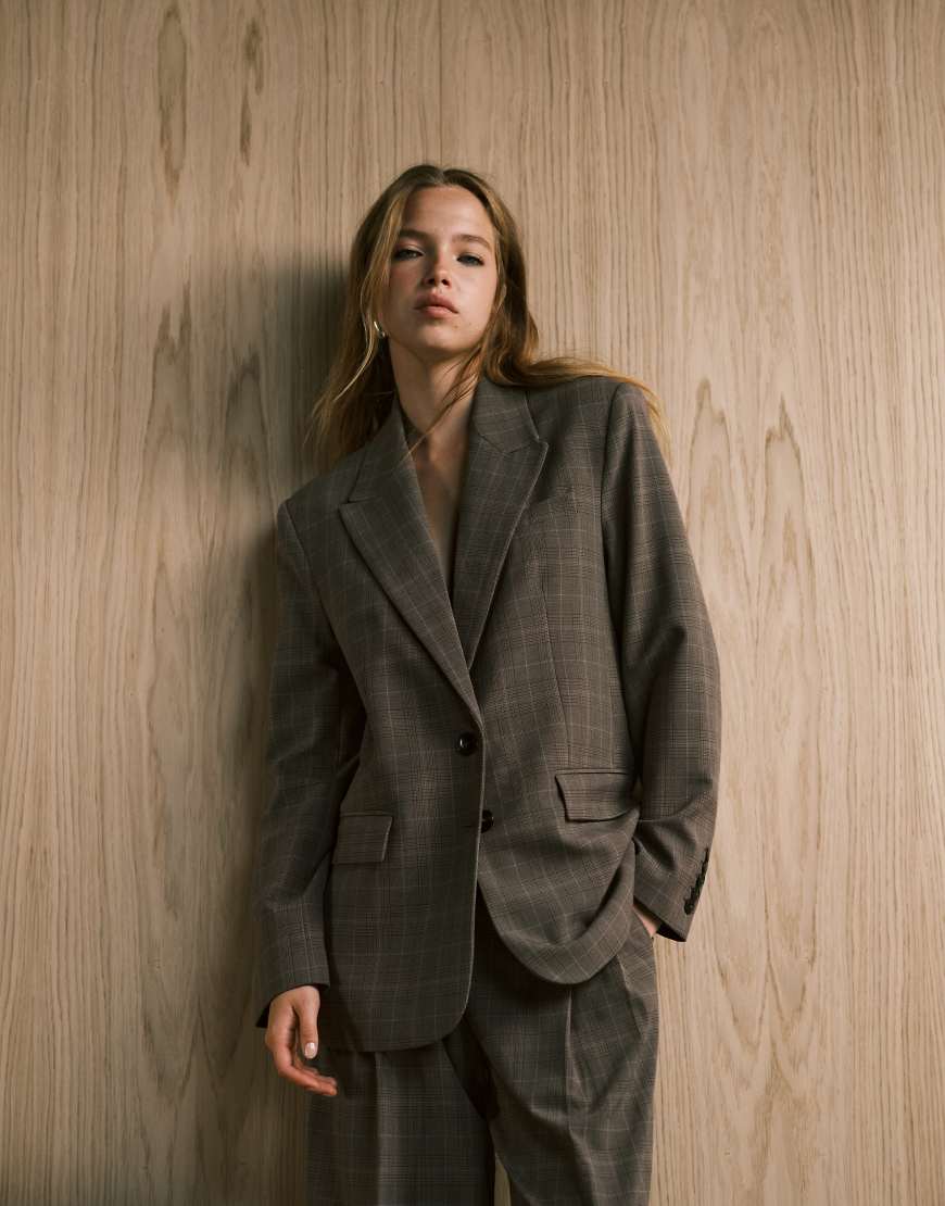 Mango - Katy - Eleganter Relaxed-Fit-Blazer in kariertem Braun, Kombiteil-Brown von Mango