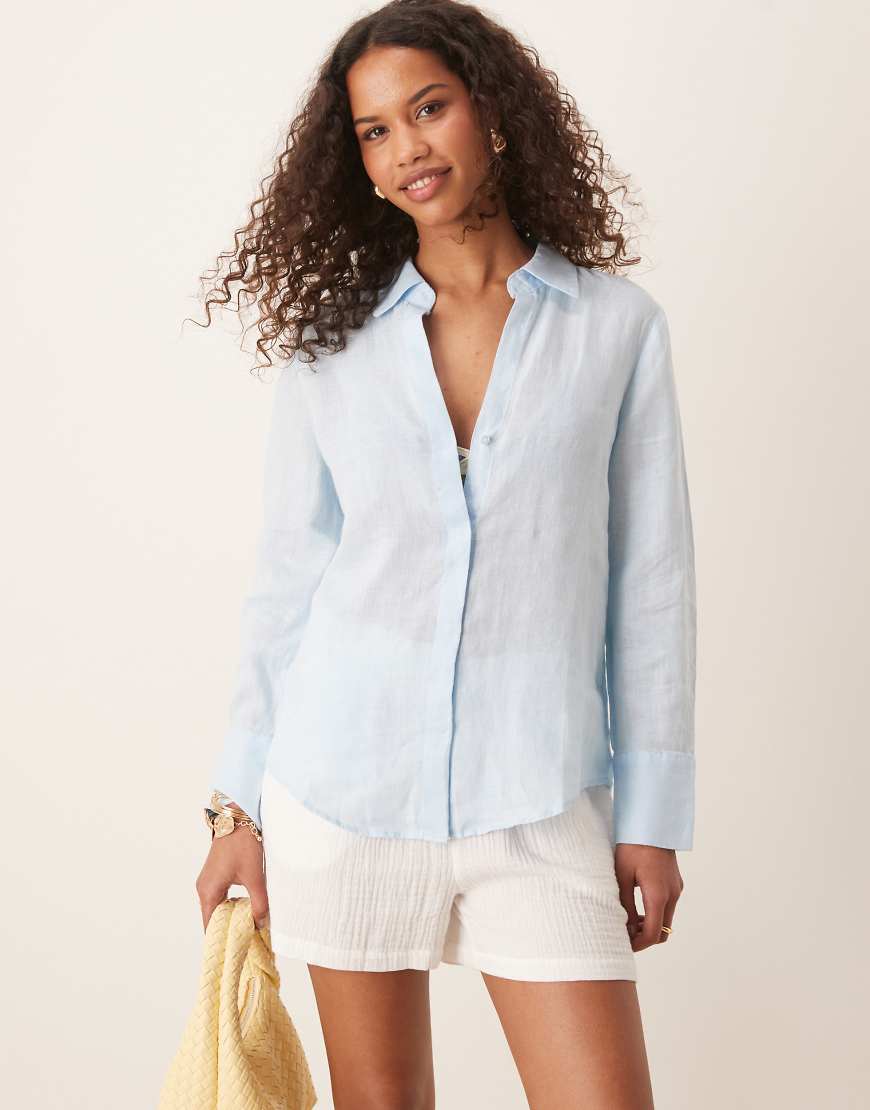 Mango - Klassische Hemdbluse aus Leinen in Hellblau von Mango