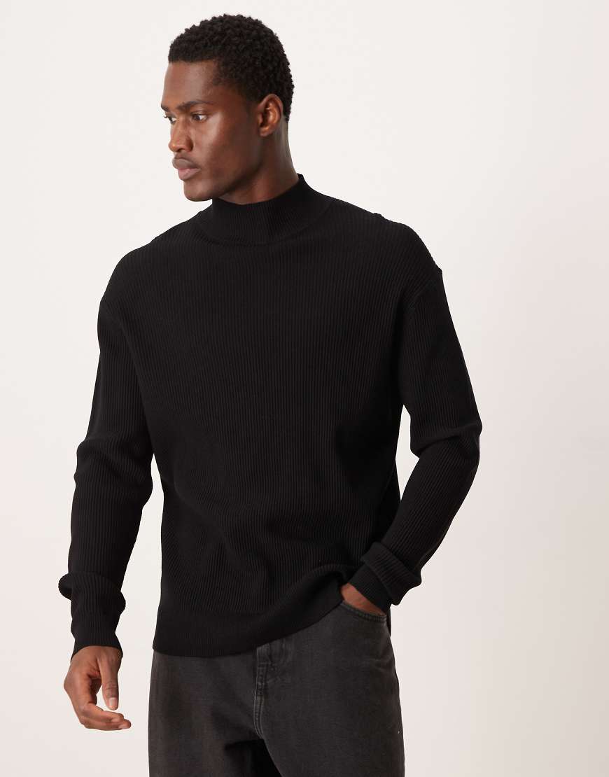 Mango - Klassischer gerippter Pullover in Schwarz mit hohem Ausschnitt von Mango