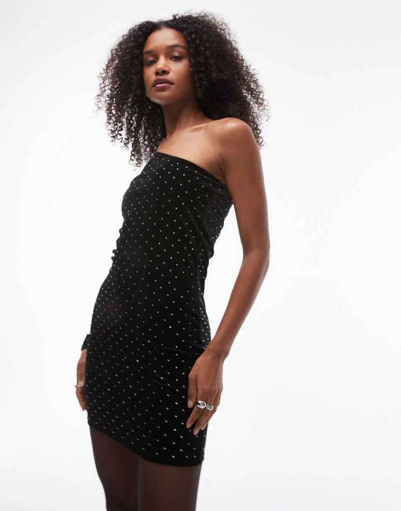 Mango - Kleid aus Samt in Schwarz mit Nietenbesatz und One-Shoulder-Träger von Mango