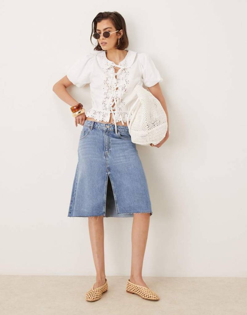 Mango - Knielanger Jeansrock in Hellblau mit Schlitz vorne von Mango