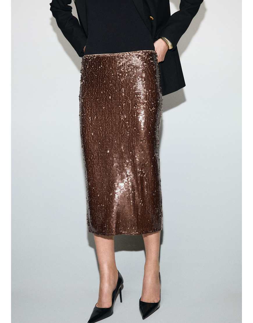 Mango - Knielanger Pailletten-Rock in Mittelbraun-Brown von Mango