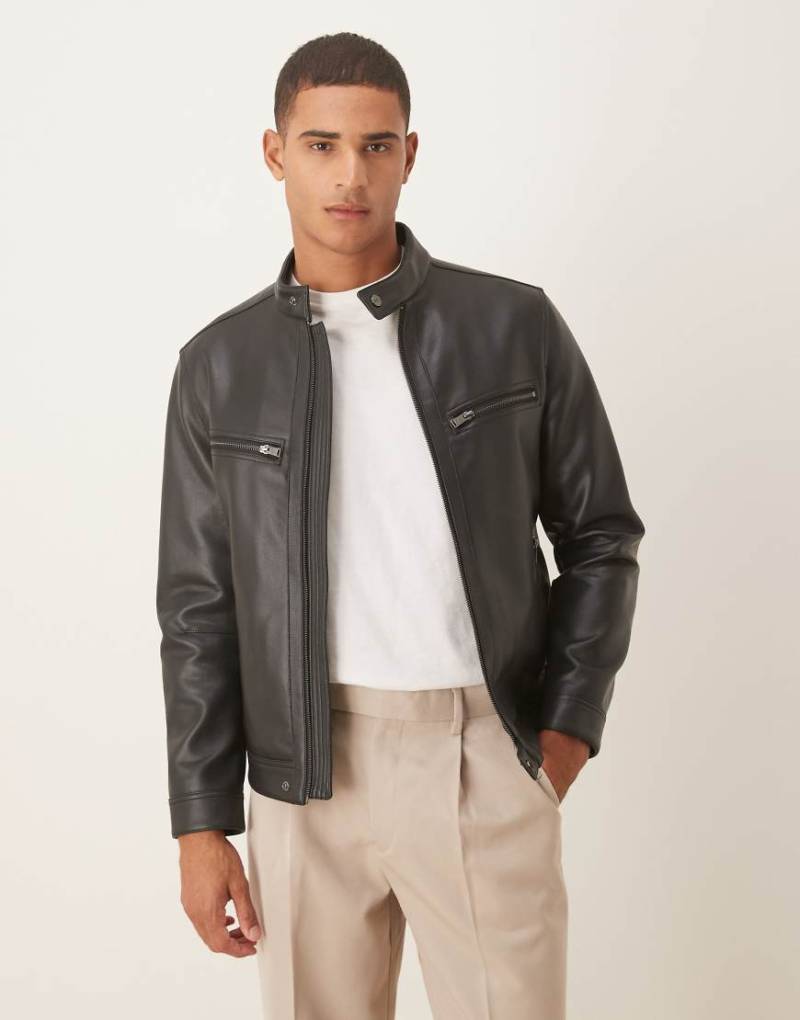 Mango - Kragenlose Jacke aus Kunstleder in Schwarz mit Taschen von Mango