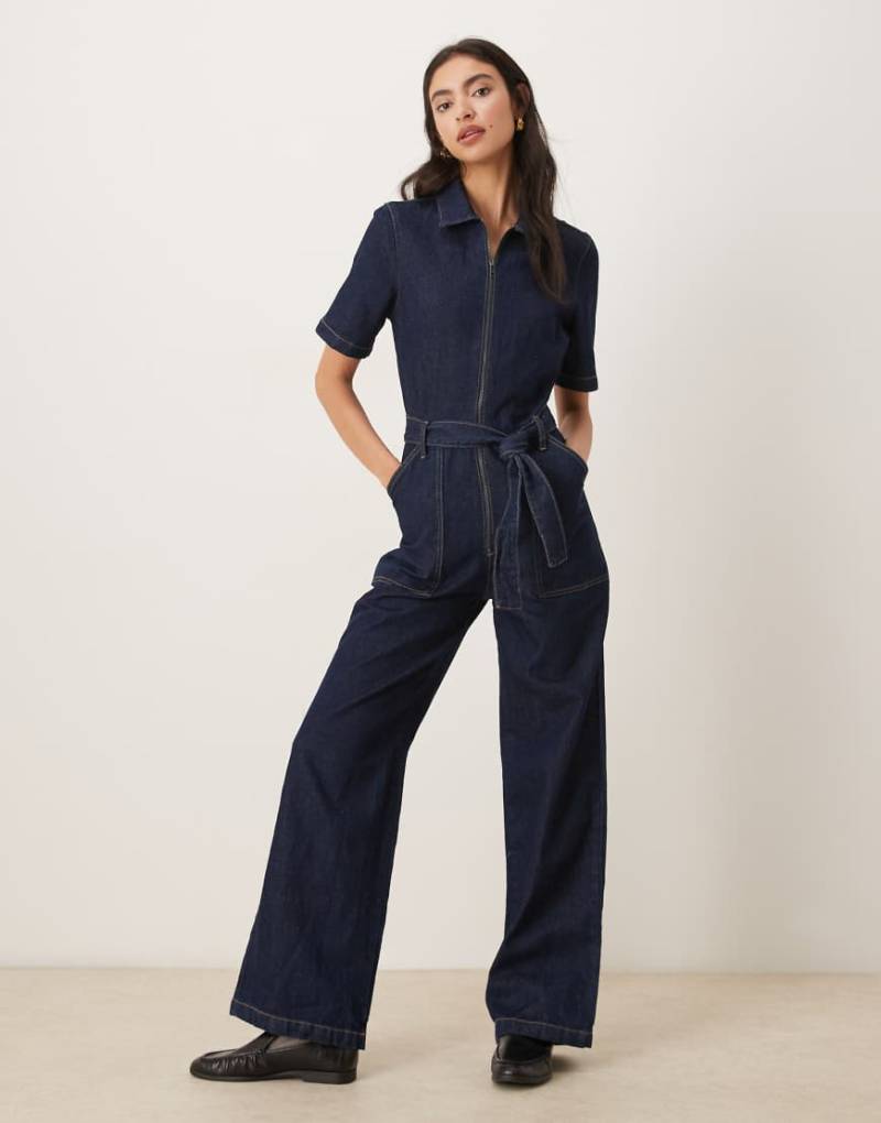 Mango - Kurzärmliger Jeans-Jumpsuit aus 100% Baumwolle in Dunkelblau mit Gürtel von Mango