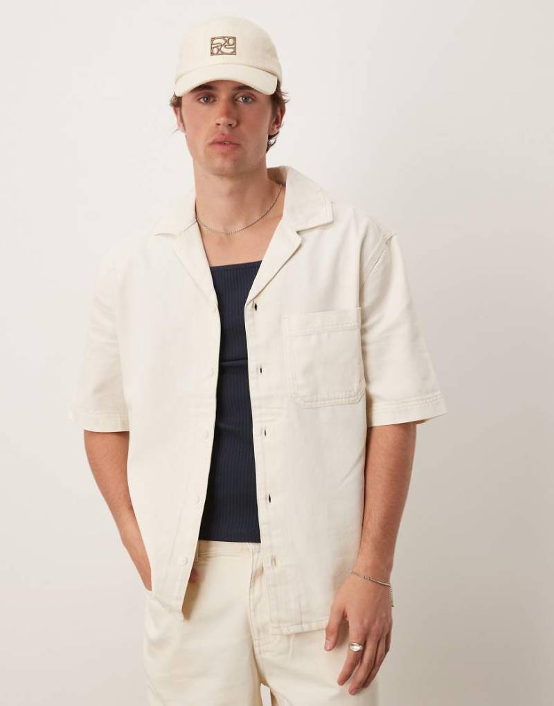 Mango - Kurzärmliges Hemd aus Baumwolle im Denim-Look in Hellbeige, Kombiteil-Neutral von Mango