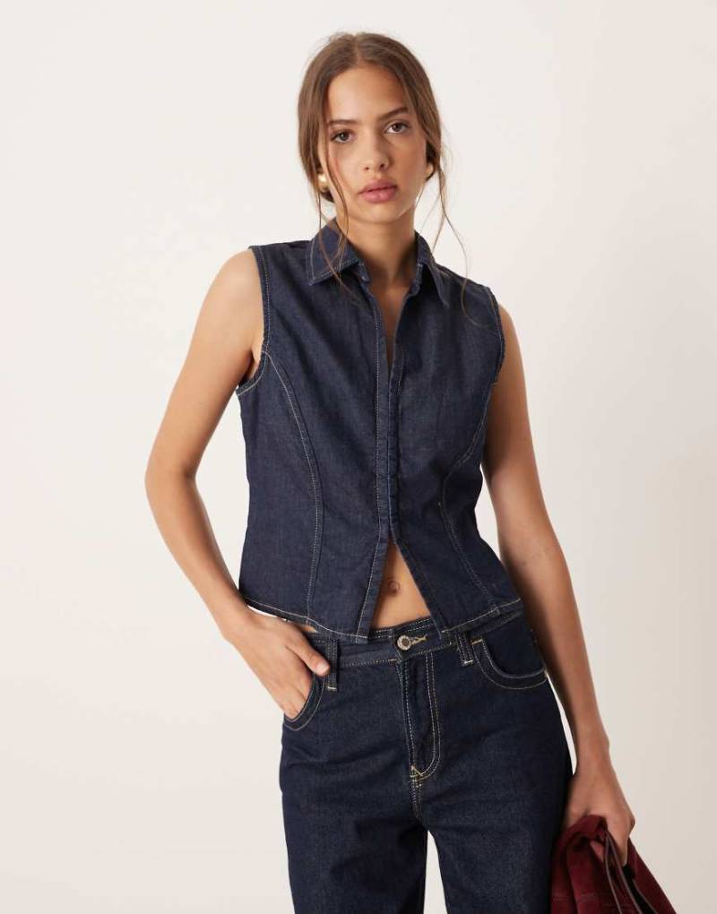 Mango - Kurzärmliges Jeans-Oberteil in Indigoblau aus Baumwollmix von Mango