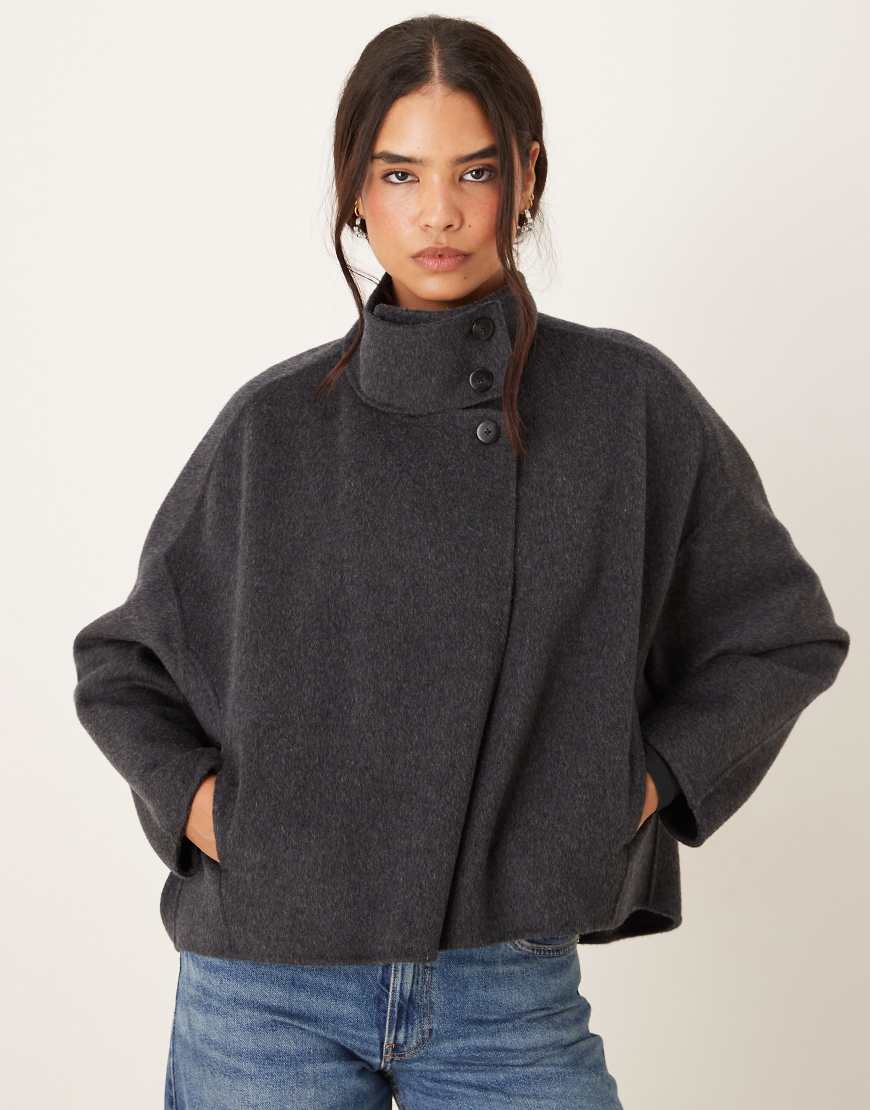 Mango - Kurze Relaxed-Fit-Jacke aus Wollmix in Anthrazit mit Stehkragen-Grau von Mango