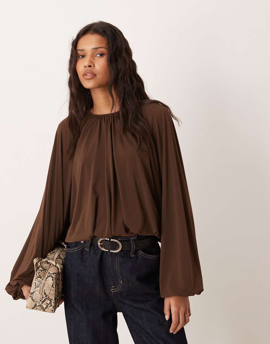 Mango - Langärmlige Bluse in Braun mit Drapierung-Brown von Mango