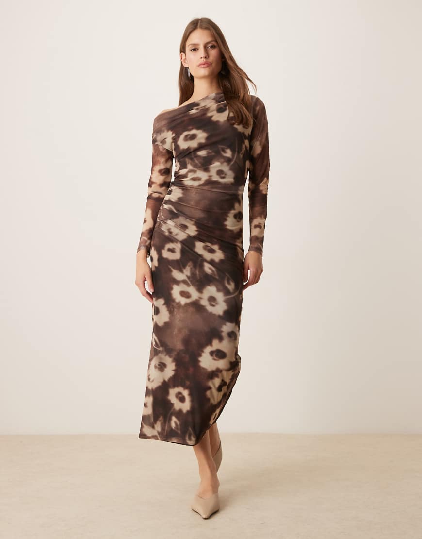 Mango - Langärmliges, asymmetrisches Midikleid mit verschwommenem Blumenmuster-Brown von Mango