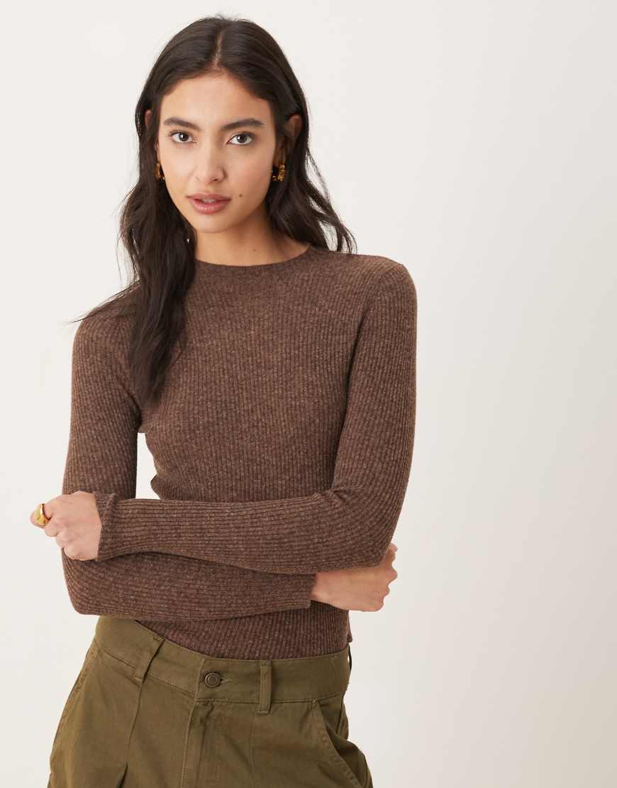 Mango - Langärmliges, geripptes Strickoberteil aus Wollmix in Braun-Brown von Mango