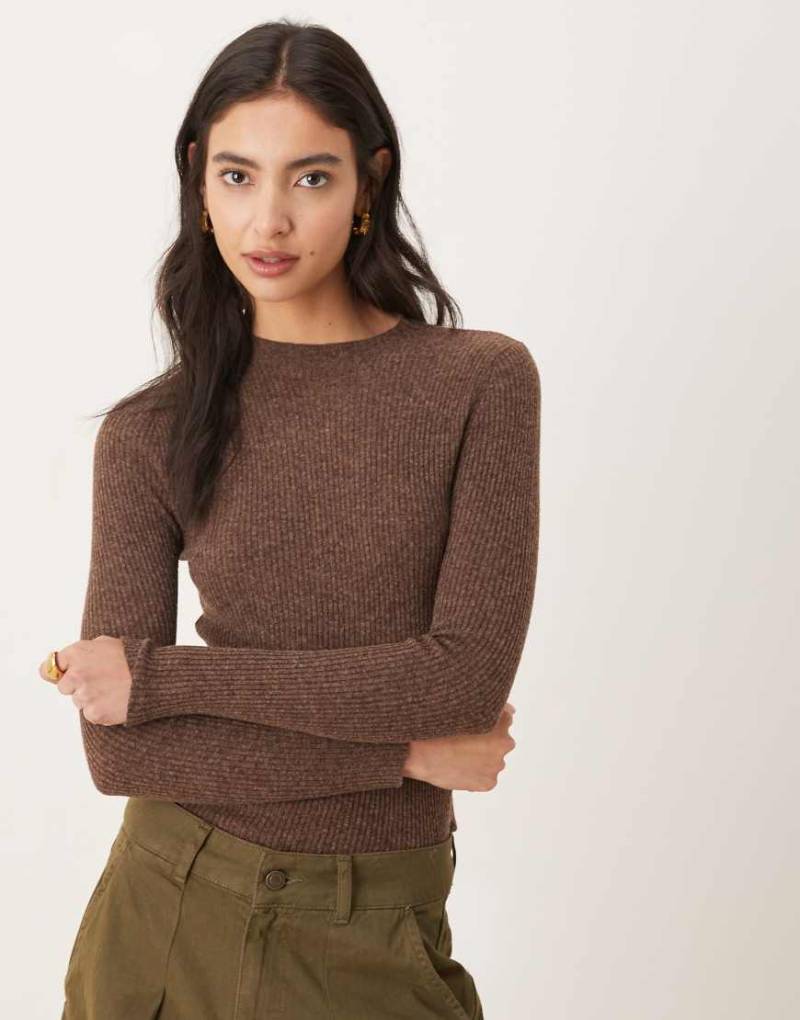 Mango - Langärmliges, geripptes Strickoberteil aus Wollmix in Braun-Brown von Mango