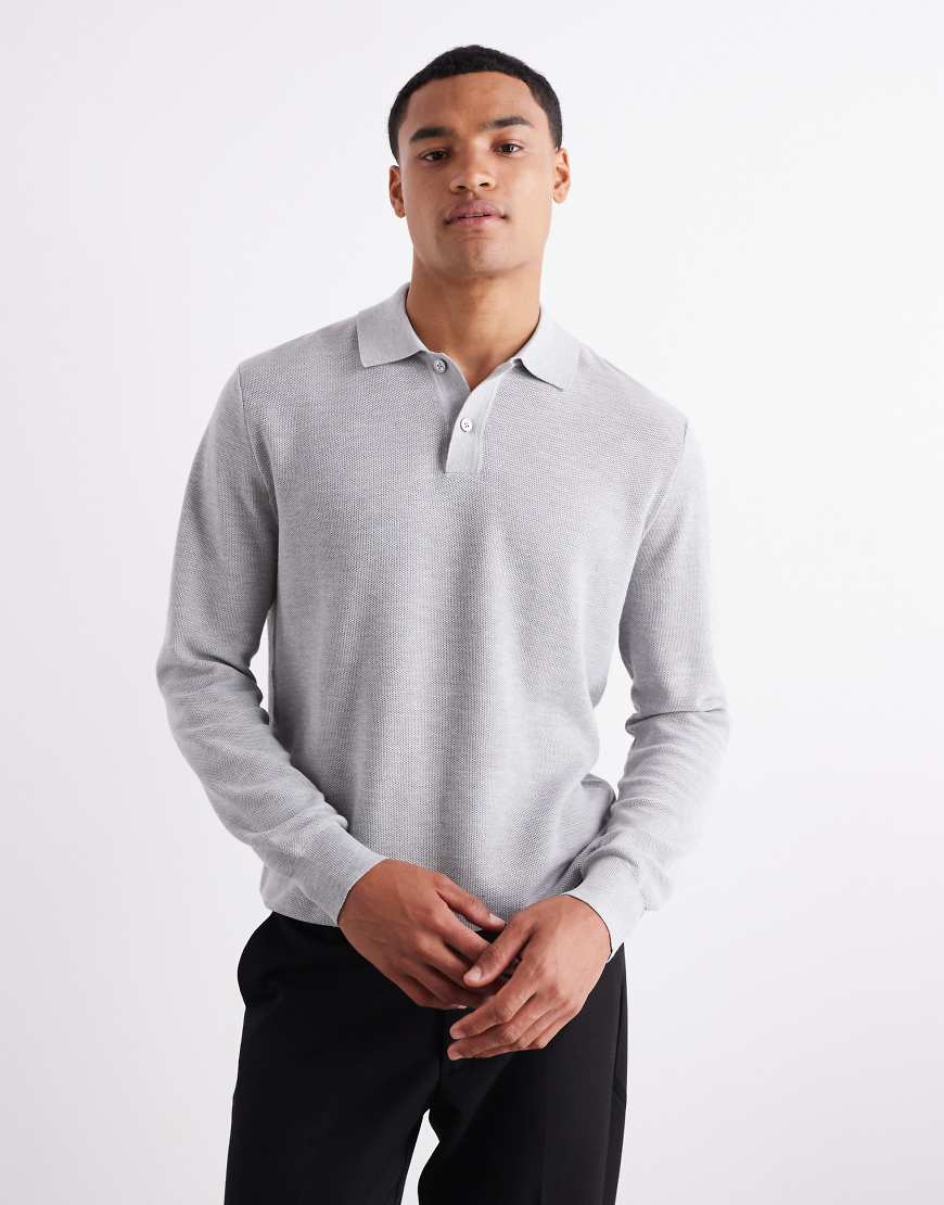 Mango - Langärmliges, gestricktes Polohemd aus Baumwollmix in Grau von Mango