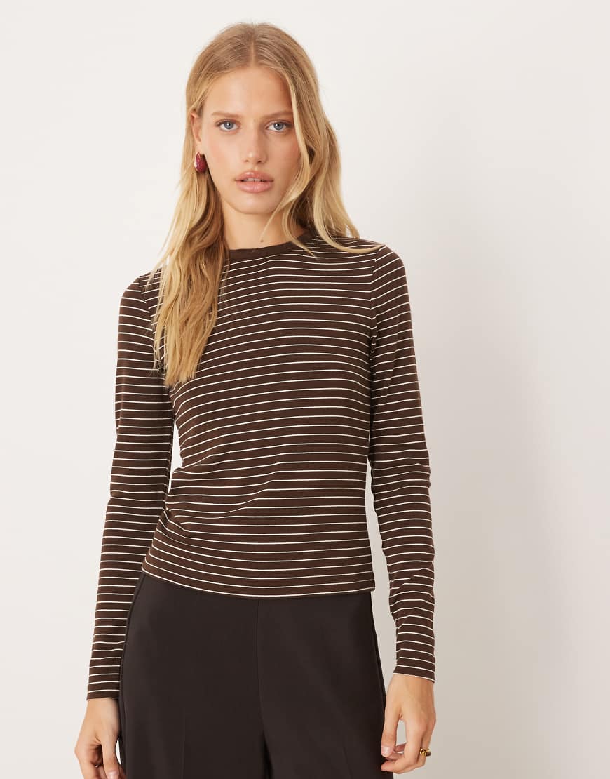 Mango - Langärmliges Baumwollmix-T-Shirt in Braun mit cremeweißen Nadelstreifen-Brown von Mango