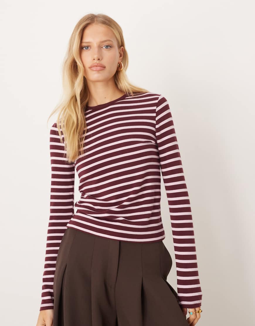 Mango - Langärmliges T-Shirt aus Baumwollmix mit Streifen in Rosa und Burgunderrot von Mango