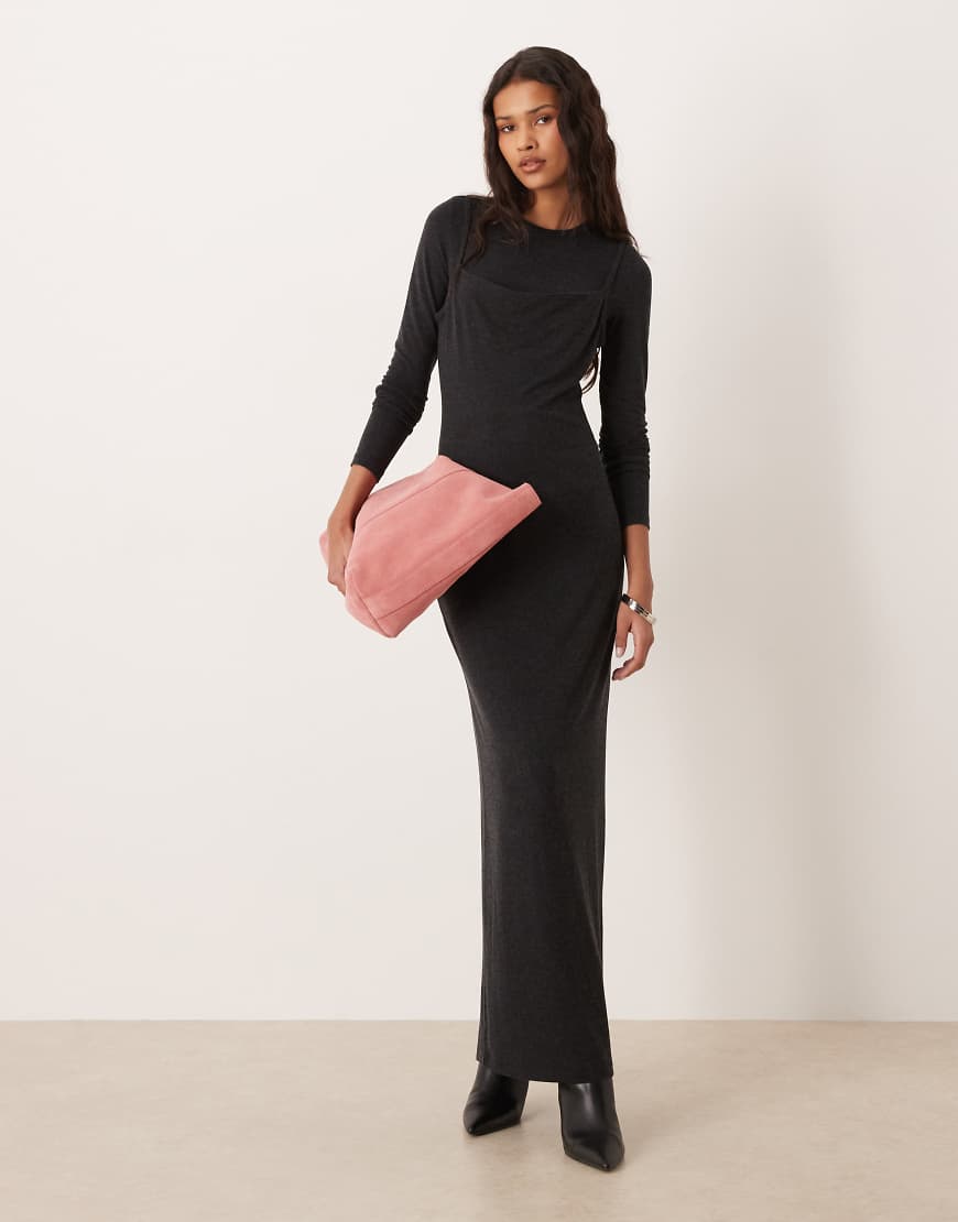 Mango - Langarm-Maxikleid aus Satin in Dunkelgrau mit Oberlage von Mango