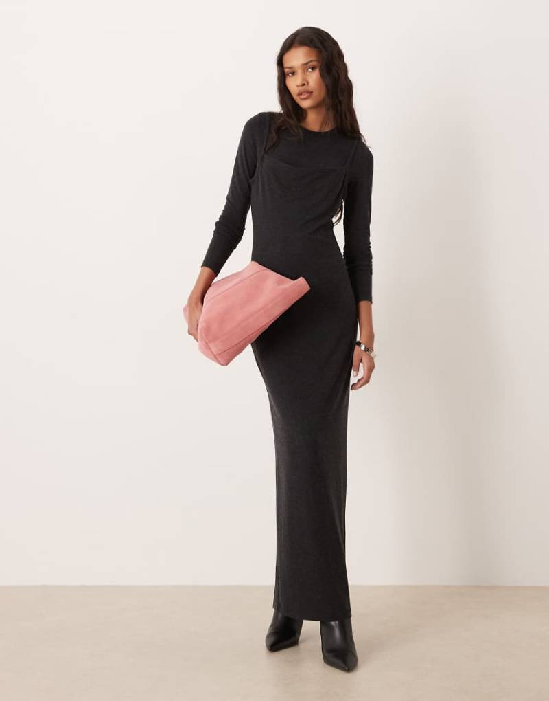 Mango - Langarm-Maxikleid aus Satin in Dunkelgrau mit Oberlage von Mango