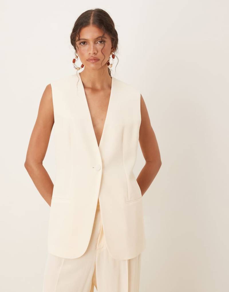 Mango - Lange, leichte Weste in Buttermilch mit V-Ausschnitt, Kombiteil-Gelb von Mango