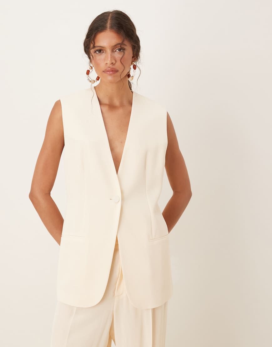 Mango - Lange, leichte Weste in Buttermilch mit V-Ausschnitt, Kombiteil-Gelb von Mango