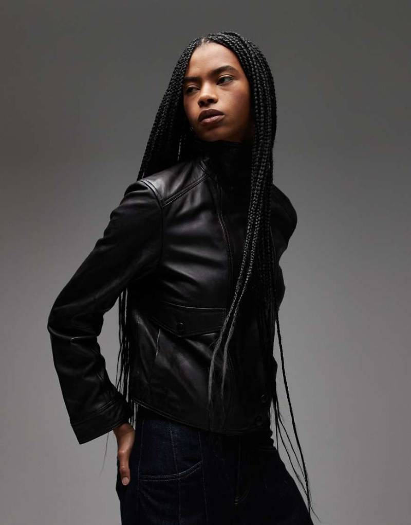 Mango - Lederjacke in Dunkelbraun mit Stehkragen-Brown von Mango