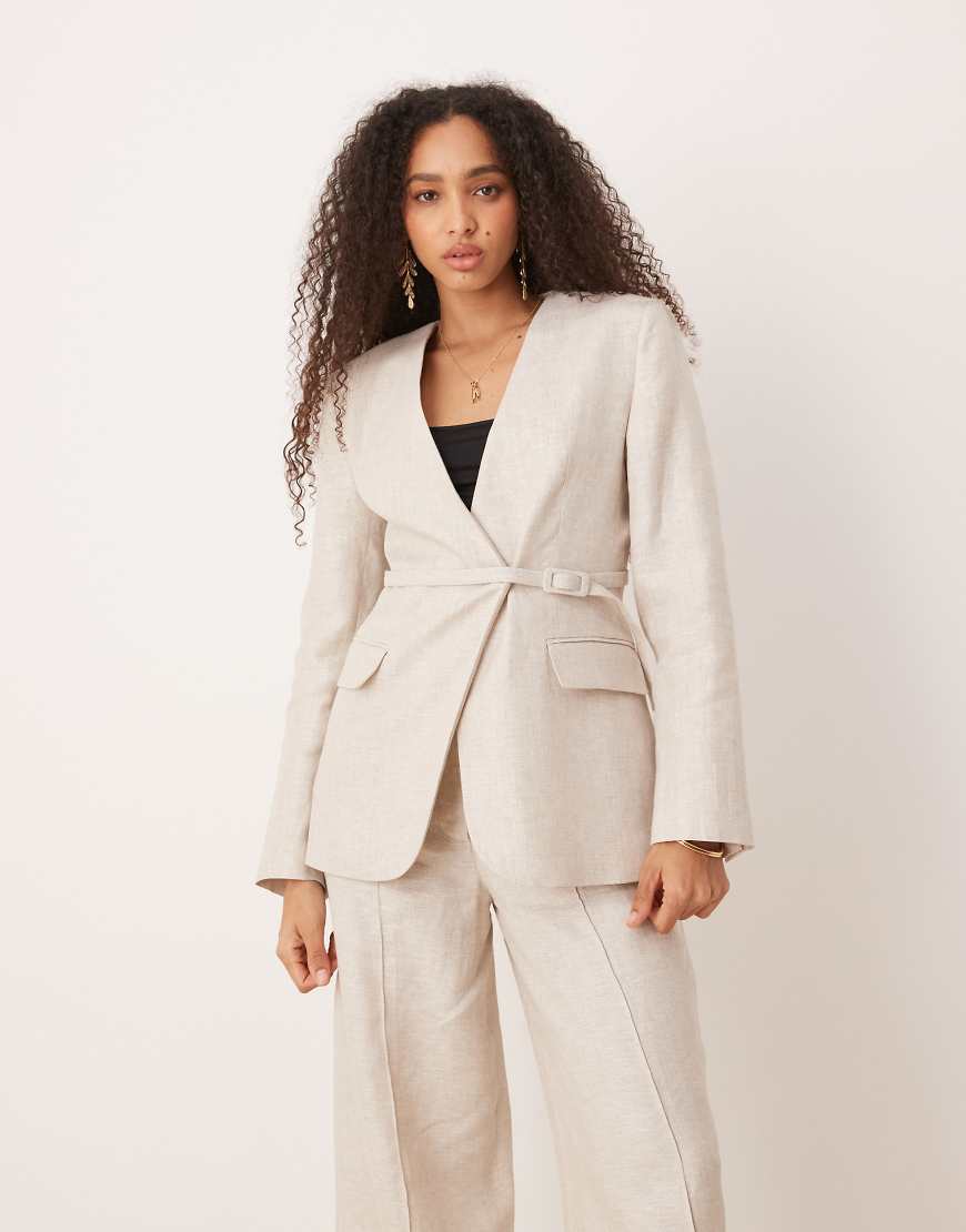 Mango - Leinen-Blazer in Hellbeige mit V-Ausschnitt und raffendem Taillengürtel, Kombiteil-Neutral von Mango